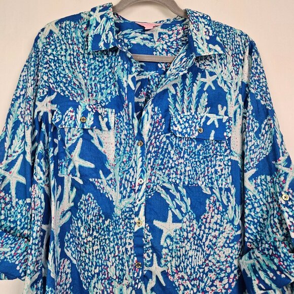 Lilly Pulitzer Captiva Tunic Brewster Blue Good Reef Starfish Tunic Top L 54519 - Picture 6 of 12